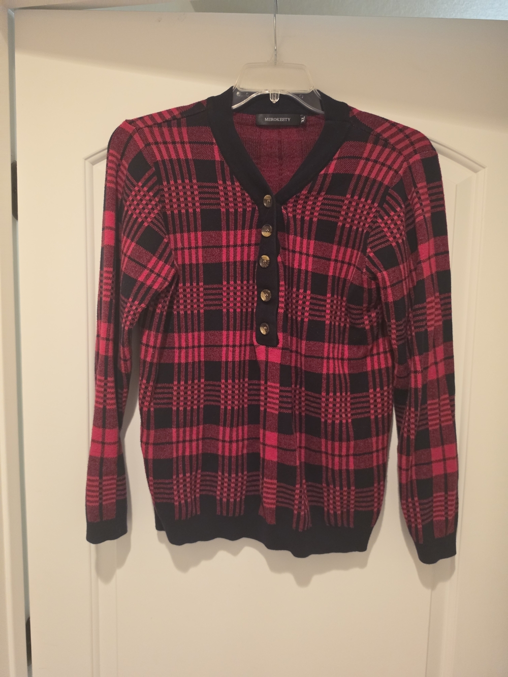Merona Women's Red & Black Plaid Button-Neck Sweater